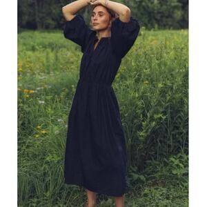 MILLE Resort and Travel Celeste Black Cotton Puff Sleeve Midi Dress. Xsmall